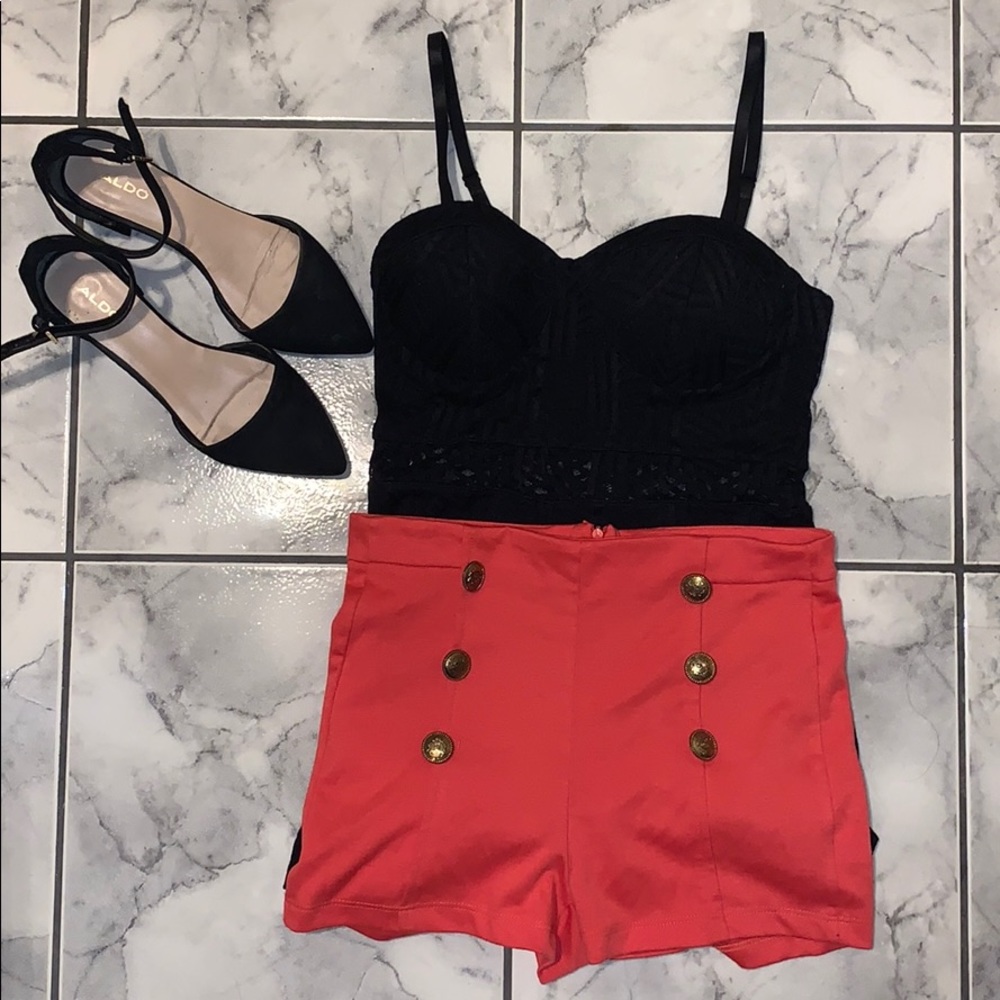 Coral High Waisted Shorts with Gold Buttons